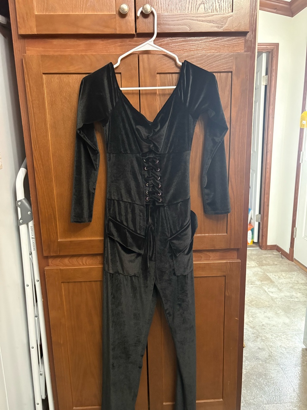 Women's Black Velvet Lace-Up Jumpsuit
